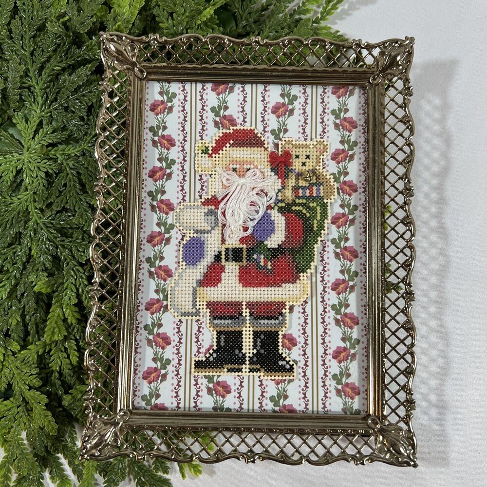 Vintage Santa Claus & Bear Needlepoint Ornate Frame Framed Cottagecore Floral